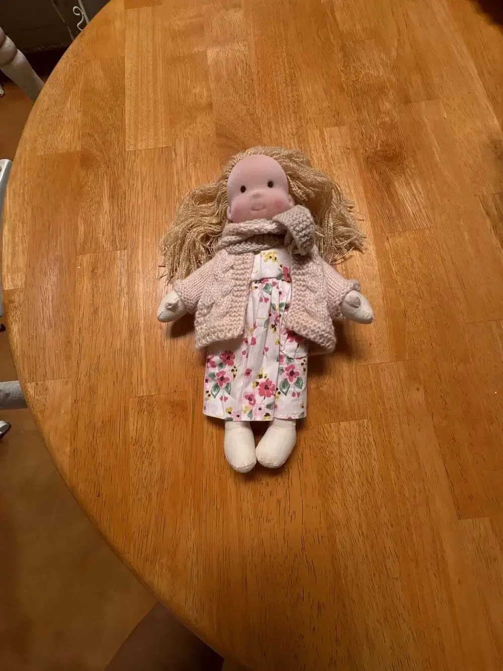 Handmade Waldorf-Style Cloth Doll with Blonde Yarn Hair and Floral Dress